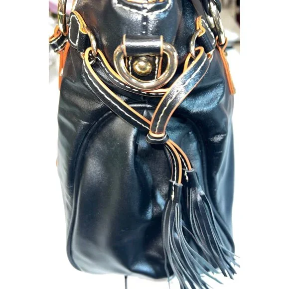 Black Leather Handbag w Gold Hardware & Tassel Accents Red Interior Pockets - Picture 4 of 9